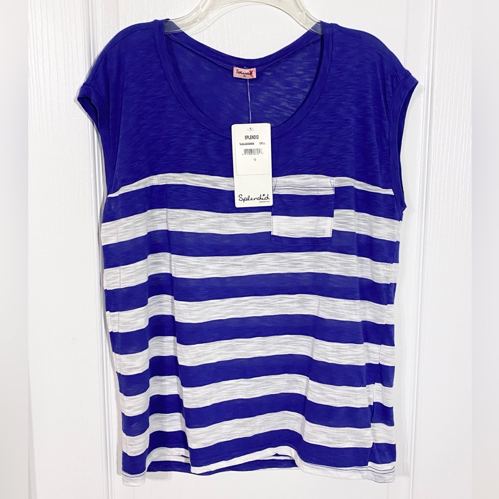 NWT Splendid Striped Cap Sleeve Burnout Pocket Tee USA MADE Blue White Girl’s 12